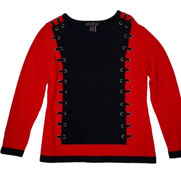 Elena Wang Sweaters - Elena Wang Red Black Lace Up Grommet Colorblock Knit Top Size Large Rockabilly